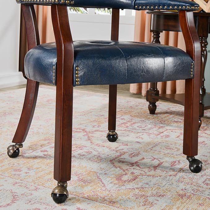 LEEMTORIG Set of 6 Dining Chairs with Casters and Arms, Large Rolling Dining Chairs with Wheels, Accent Poker Table Chairs, Solid Wood Boss Caption's Office Chairs, Cherry Legs & Blue SY-1533-LB