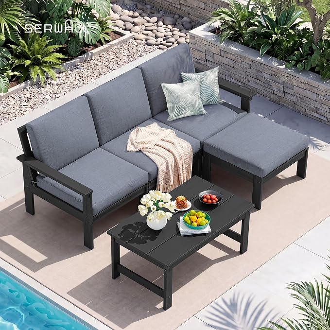 SERWALL Outdoor Ottoman with Cushions for Sofa Set, Black HDPE Frame with Gray Cushions