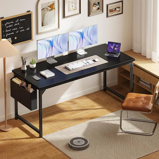 OLIXIS Computer Desk, 63 Inch Home Office Desks for Small Spaces, Writing Craft Study Gaming Table for Bedroom, Modern Computer Workstation with Storage Bag, Black
