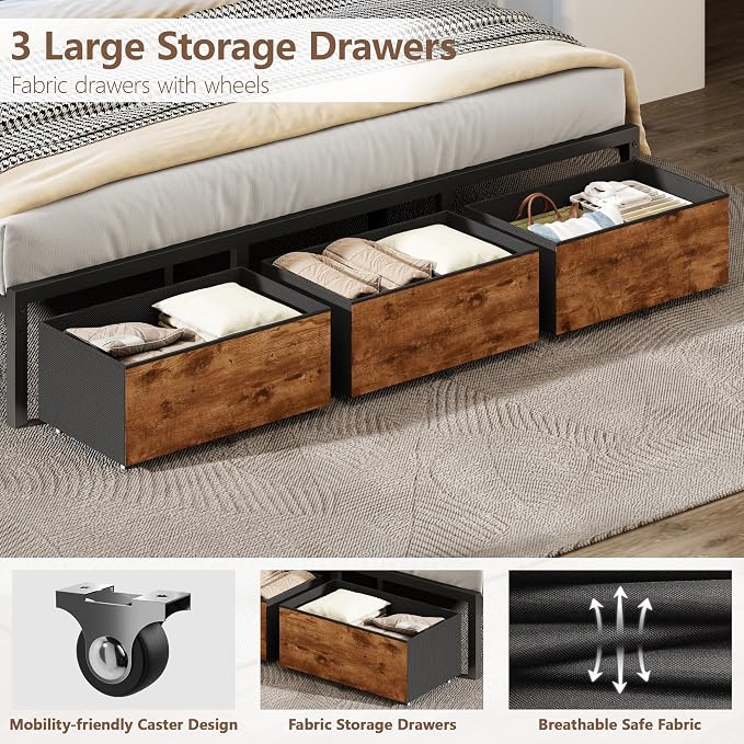 Forestell King Size Bed Frame with Wood Headboard, Metal Platform Bed with 3 Storage Drawers & Shelf, Built-in Charging Station & LED Lights, No Box Spring Needed, Vintage Brown, Camas King
