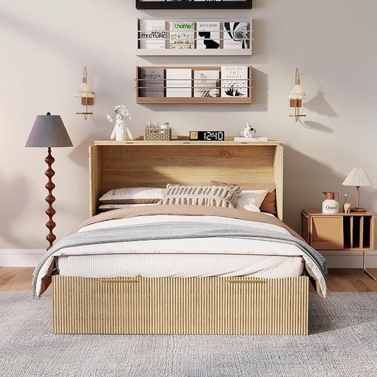 Full Size Murphy Bed Cabinet: Modern Murphy Bed Full Oak, Natural Wood Hidden Beds Cabinet with Charging Station, Contemporary Hideaway Beds for Apartments (Oak-Fluted)