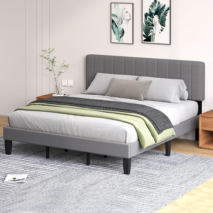 King Size Bed Frame with Velvet Upholstered Platform Bed and Wooden Slats Support, Adjustable Height Headboard/No Box Spring Needed/Easy Assembly/Mattress Foundation
