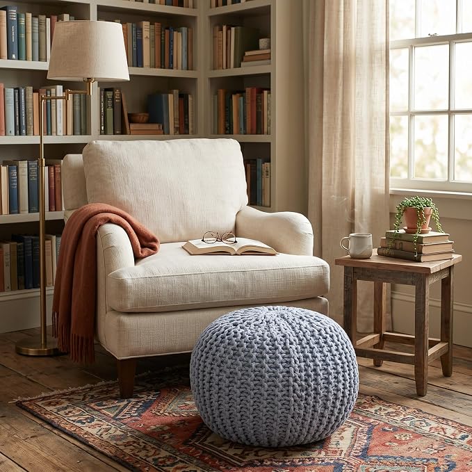 BIRDROCK HOME Round Pouf Ottoman Foot Rest - 18.5”x18.5”x15” Boho Compact Comfortable Soft Cotton Braided Foot Stool with Bean Bag Filling for Living Room, Bedroom, or Nursery (Soft Blue)