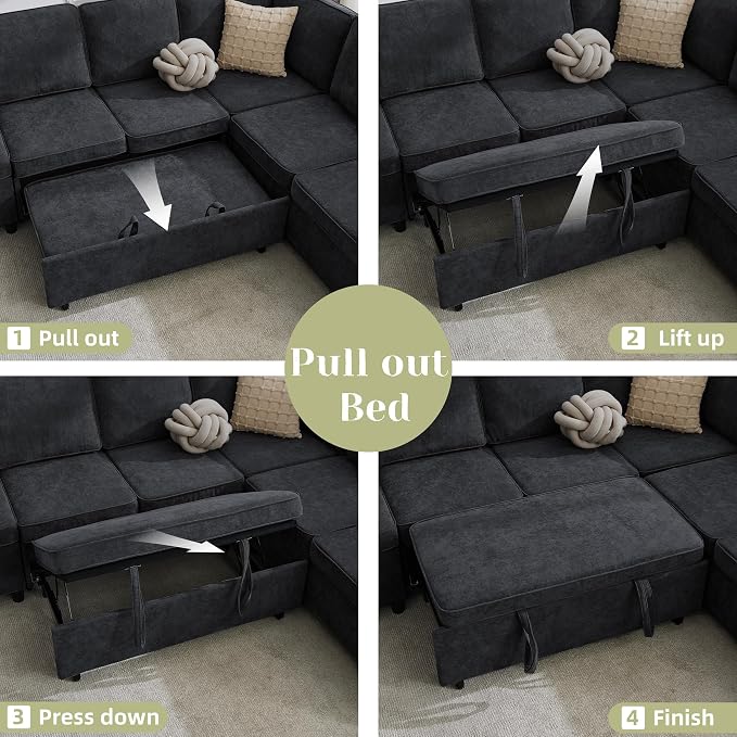 107 Inch Sectional Sleeper Sofa with Pull Out Bed, 7 Seat U Shaped Modular Sectional Sofa with Storage Ottoman, USB Port & 6 Pillows, Sectional Couches for Living Room & Apartment, Modular Couch,Black
