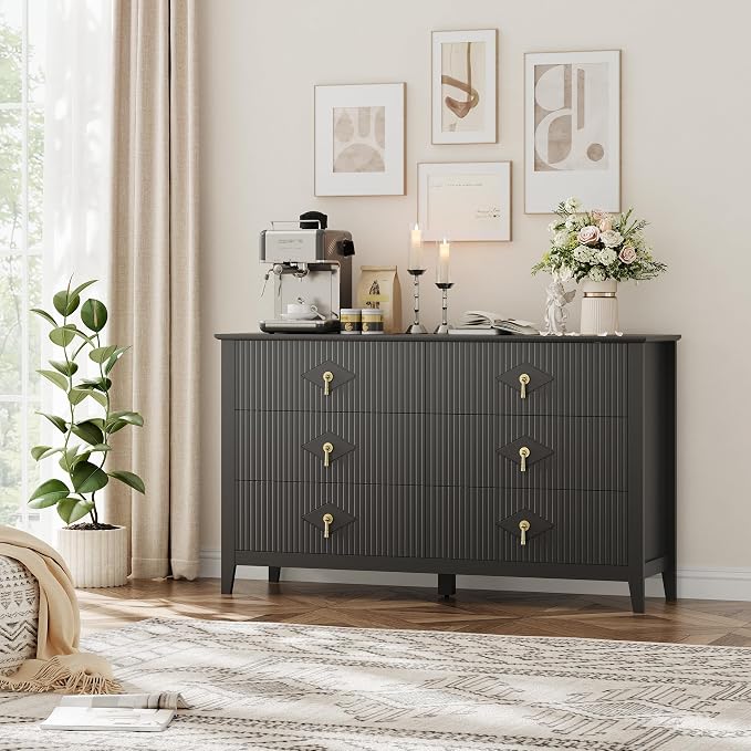 GarveeHome Fluted Dresser for Bedroom, 54 Inch Wide 6-Drawer Wood Dresser, Modern Chest of Drawers, Storage Organizer Cabinet for Living Room, Hallway, Entryway, Black