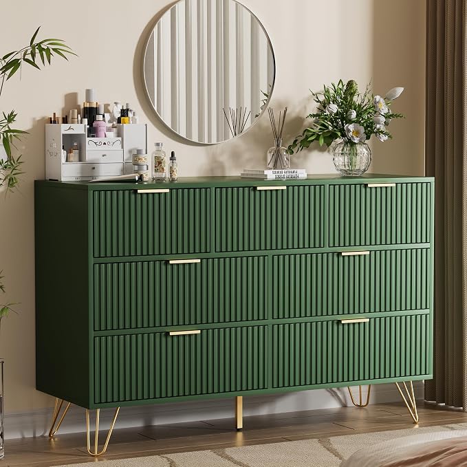 Furniway Dresser for Bedroom, Fluted Modern Dresser with Gold Pulls and 7 Drawers, 15.7" D x 47.2" W x 31.4" H, Green