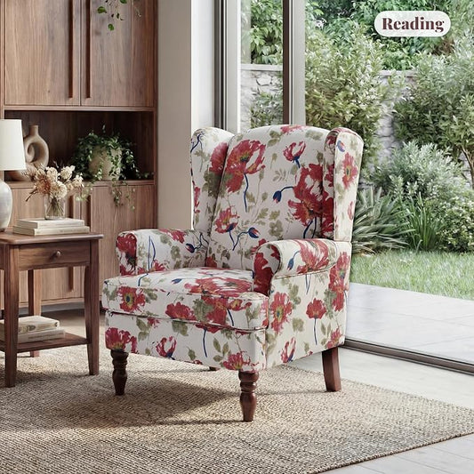 EROMMY Floral Accent Chair, Comfortable High Back Upholstered Armchair with Solid Wood Legs, Leisure Single Sofa Chair for Living Room, Bedroom, Home Office, Pink Floral