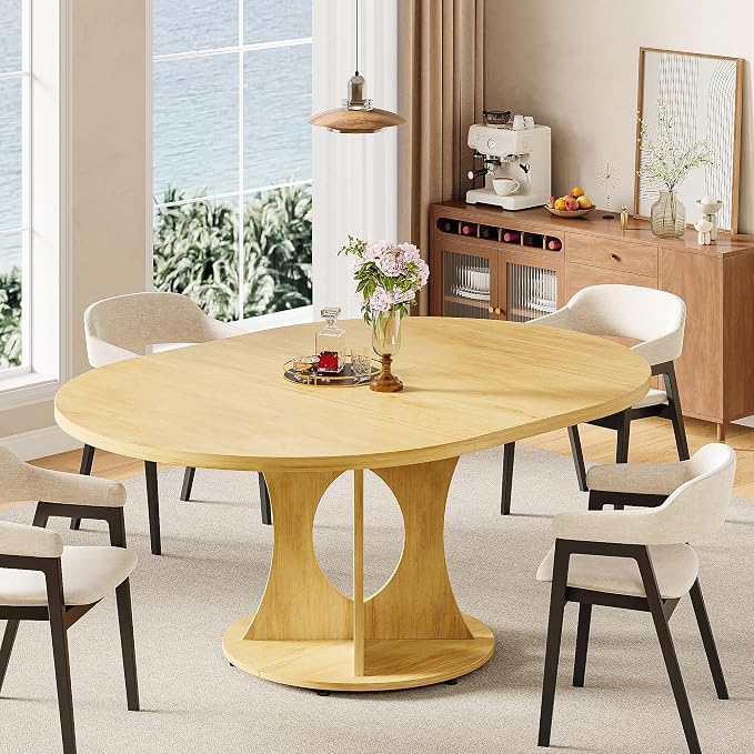 iPormis 43.3-59 Inch Extendable Round Dining Table for 6-8 People, Oval Dinner Table with Adjustable Top and A Stable Round Pedestal Base, Space Saving Wooden Kitchen and Dining Table, Oak