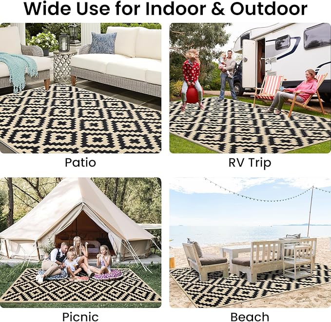 Smiry Waterproof Outdoor Rug 4x6 ft, Reversible Plastic Straw Patio Camping Rugs, Outdoor Indoor RV Mat Carpet for Patio, Outside Entry, Backyard, Deck, Bench, Picnic, Camper, Black & White