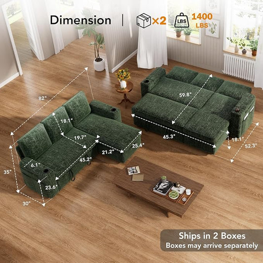 Vipbear Sectional Sleeper Sofa with Pull Out Bed, 82" L Shaped Couch Sleeper Sofa with Reclining Backrest/Reversible Storage Chaise/Armrest Storage/Cup Holder/Side Pocket, Tool-Free Assembly, Green