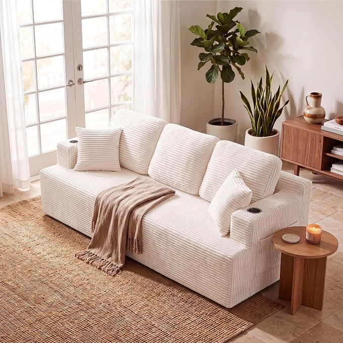 Homall 87” Boneless Sofa Couch with 2 Pillows Extra Deep Seats, Corduroy Fabric 3 Seater with Cup Holder & Storage Pocket Upholstered Floor Easy Installation (White, 3 Seater)
