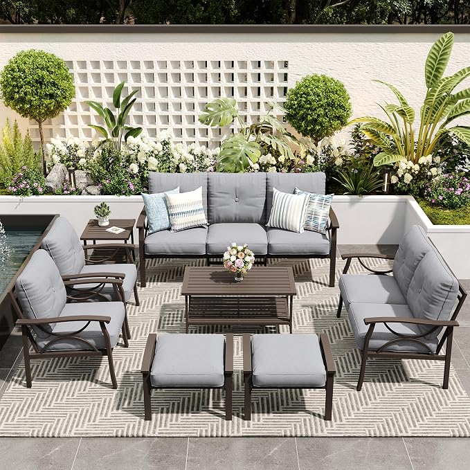 FansaFurn 8-Pieces Outdoor Patio Furniture Set, Outdoor Metal Sectional Furniture with Cushions, Outdoor Conversation Seating Set with Coffee Table for Garden, Balcony, Deck, Backyard, Grey
