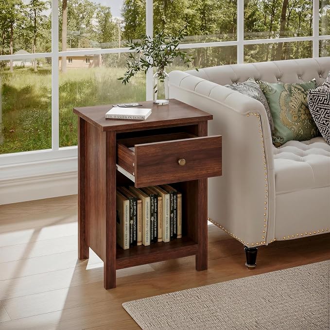 ChooChoo Farmhouse Nightstand Set of 2,Night Stand with Charging Station, Wooden Top Bedside End Table with Drawer and Storage Space for Bedroom, Walnut