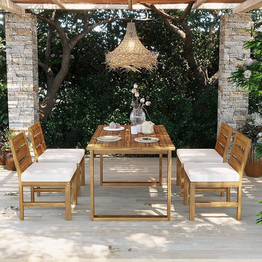 Quarte Premium 4-Piece Farmhouse Outdoor Dining Set in Solid Acacia Wood with Comfort Cushions and Adjustable Legs for Patio, Garden, Backyard (Beige+Natural5)