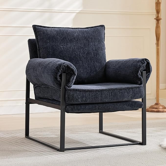 YISHENG Accent Chair with 6-Angle Adjustable Backrest, Fabric Living Room Chair Upholstered Lounge Chair, Modern Chair Cozy Reclining Chair for Reading Room, 1PC Dark Blue