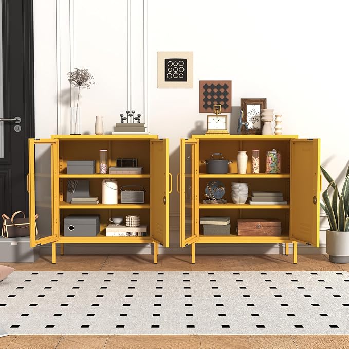 Yellow Lockable Glass & Metal Door Storage Cabinet, 3-Tier Freestanding Locker Organizer with 2 Adjustable Shelves, Multipurpose Unit for Home, Entryway, Hallway, 33" H x 29.5" W x 13.8" D