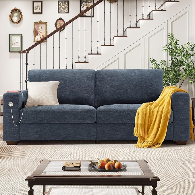 Hanherry 89" Sofa for Living Room, Modern Comfy Couch with Medium Firm Seat Cushion, Removable Cover,Wide Armrest,USB/Type-C Port,Chenille Fabric Couches for Small Space,Apartment