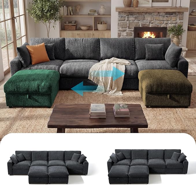 Ihanherry 141" Oversized Cloud Sectional Couches for Living Room, Modular Sectional Sofa with Wide Deep Seat, U Shaped Couch with Throw Pillow and Storage Ottoman, Dark Grey