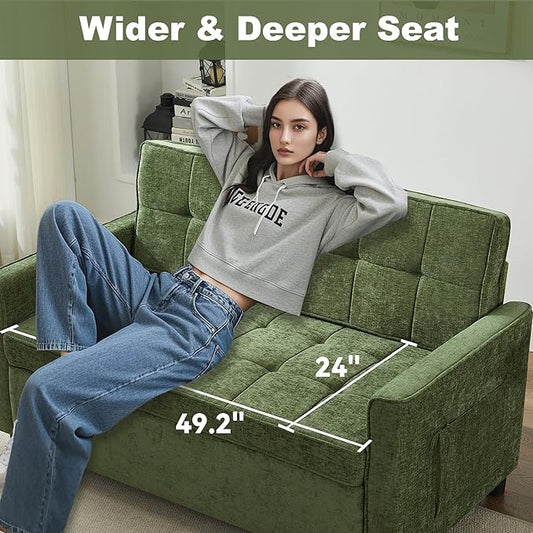 Tbfit 57" Loveseat Sleeper Convertible Sofa Bed, Futon Couch with Pullout Bed, USB & Adjustable Backrest, Chenille Full Size Pull Out Couches for Living Room, Apartment, Office, Dorm, RV, Green