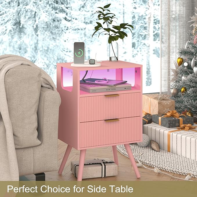 JOONEE Pink Nightstand with Charging Station and LED Lights,Modern Bedside Table with 2 Storage Drawer and Open Wood Shelf, for Bedroom and Small Spaces,Night Stand with Solid Wood Legs,Pink