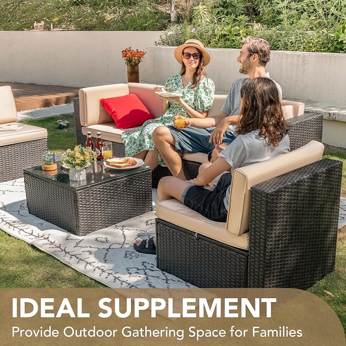 Devoko 5 Pieces Patio Furniture Sets All Weather Outdoor Sectional Patio Sofa Manual Weaving Wicker Rattan Patio Seating Sofas with Cushion and Glass Table (Beige)