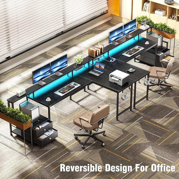Korfile 66'' L Shaped Gaming Desk with Drawers and Storage Shelves, Reversible Corner Desk with Power Outlets and Host Stand, Large Computer Desk with Led Lights for Gaming, Work, Home Office, Black