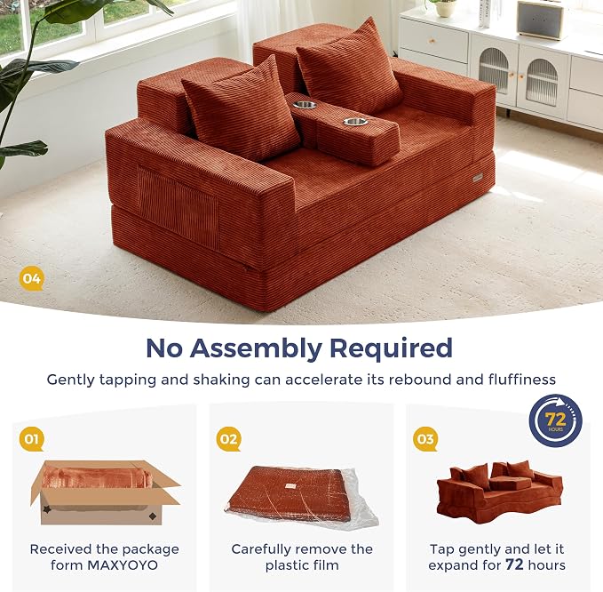 MAXYOYO Loveseat Sofa Bed, 64" Foldable Floor Sofa Couch in A Box with 2 Cup Holders, 4 in 1 Convertible Boneless Couch Folding Recliner Chair for Living Room, No Assembly Required, Orange