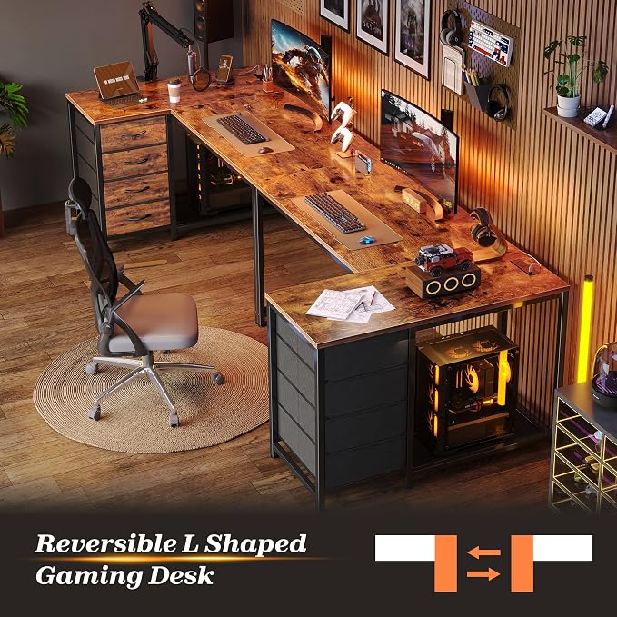 PRAISUN 43.3" Small Computer Desk with Power Outlets & USB-C Port, Reversible L Shaped Corner Office Desk with 4 Fabric Drawers and 2 Adjustable Storage Shelves, for Gaming Writing, Rustic Brown