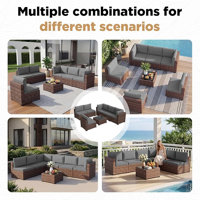 LHBcraft 7 Pieces Outdoor Wicker Rattan Patio Furniture with Rain Cover, Wicker Rattan Outdoor Sectional Sofa Set with Coffee Table & Gery Cushions for Garden, Poolside