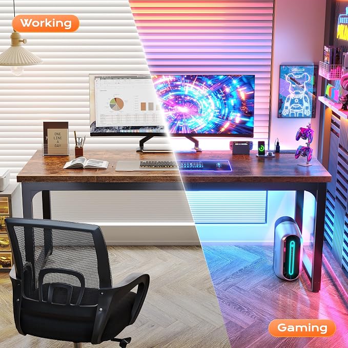 Huuger 63 x 24 inch Desk with Power Outlets & USB-C, Deeper & Thicker Desktop, Robust Metal Tubes, Computer Desk, Heavy Duty Office Desk, Work Gaming Desk, for Home Office, Rustic Brown