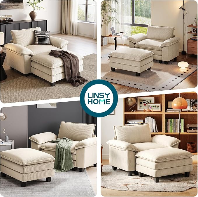 LINSY HOME Cloud Sofa Accent Chair with Ottoman Chaise Lounge Chair Indoor, Corduroy Couch Sofa Chair for Living Room Apartment Bedroom Office, Beige