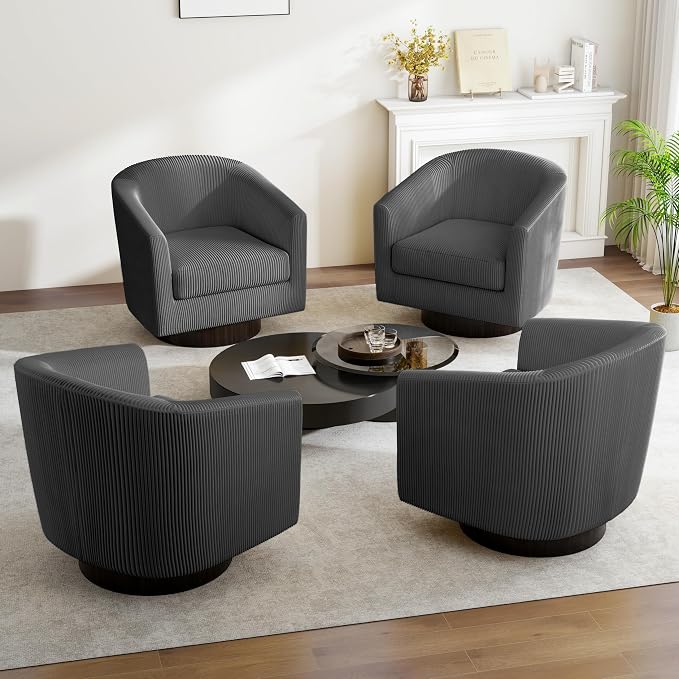 Swivel Barrel Accent Chair, Modern Round Corduroy Fabric Arm Chair for Living Room, Bedroom, Comfy Club Reading Chairs for Adults (Corduroy Grey, Set of 2)