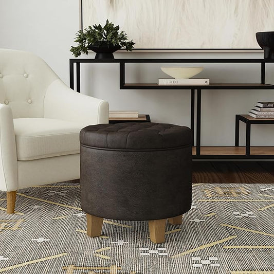 HomePop 19" Faux Leather Button Tufted Round Storage Ottoman - Black