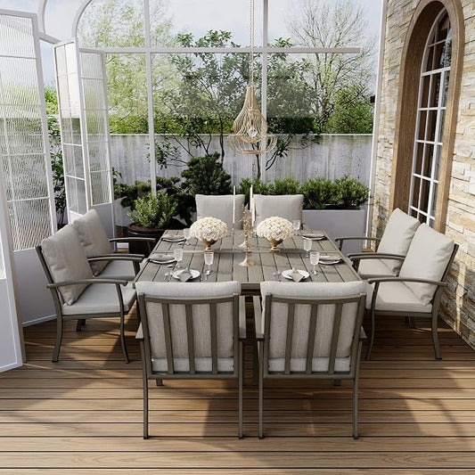 HAPPATIO 9 Piece Patio Dining Set, Aluminum Outdoor Dining Set for 8, 59" Large Square Dining Table with Umbrella Hole and 8 Chairs, Outdoor Table and Chairs for Lawn Yard Patio