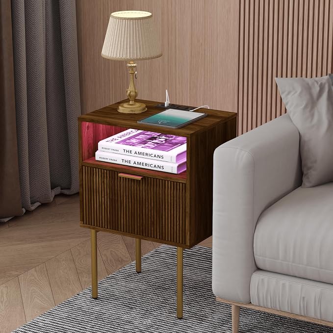 JOONEE Nightstand with Outlet and Led Light, Bedside Table with Storage Drawer, Fluted Side Table for Living Room, Bedroom