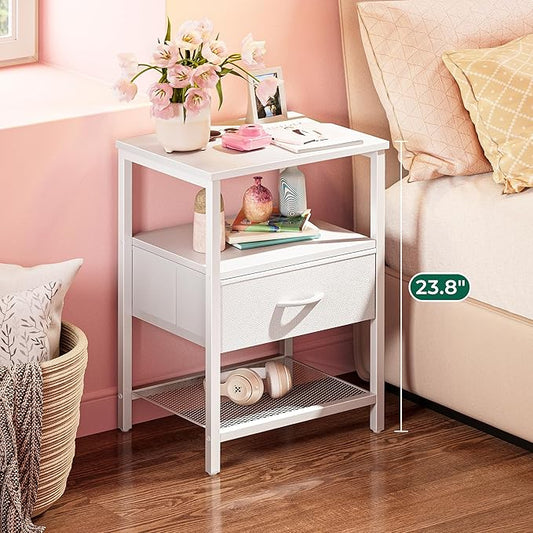 Huuger Night Stand with Fabric Drawer, Side Table with Mesh Shelf, Bedroom Nightstand, Fabric Drawer Dresser, Open Shelf, Metal Frame, Couch Side, White