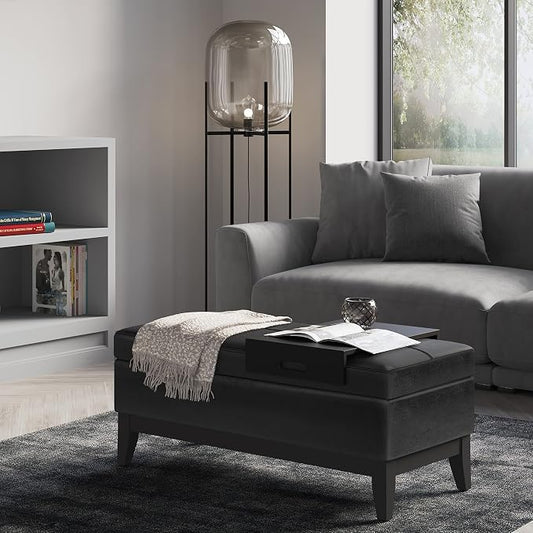 SIMPLIHOME Oregon Storage Ottoman Bench with Tray - 42 inch Wide Upholstered Vegan Leather Rectangle Ottoman Bench in Distressed Black, Transitional Tufted Ottoman for Living Room with Lift-Up Lid