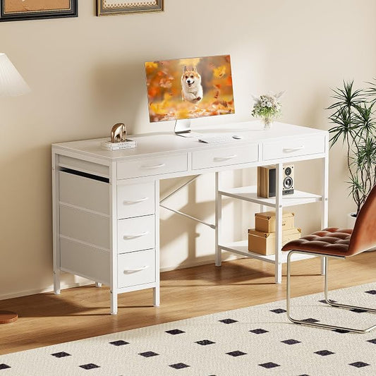 Sweetcrispy 55" Computer Desk with 6 Drawers, Home Office Gaming Desks with Storage Shelves for Bedroom, Writing Study Corner Living Room Work Table White
