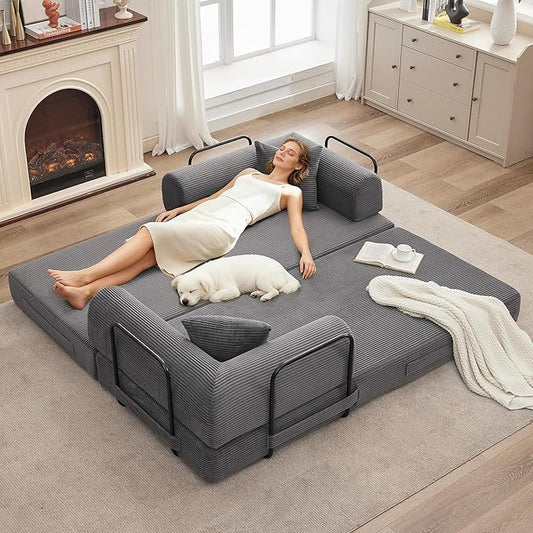 IDEALHOUSE 4 in 1 Convertible Sleeper Sofa Bed Couch, 79 Inch Boneless Corduroy Floor Couch with Pillows, No Assembly, Modern Deep Seat Sofa Futon Mattress for Living Room,Apartment,Gray