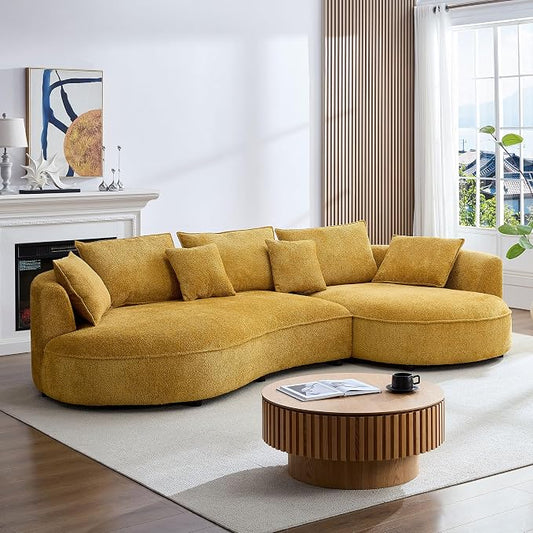 KEIKI 125" Luxury Curved Boucle Sectional Sofa with Right Chaise, Upholstered Modern Style Oversized 5-Seater Couch with Thickened Seat Cushions, Easy Assembly, for Apartment, Living Room, Yellow