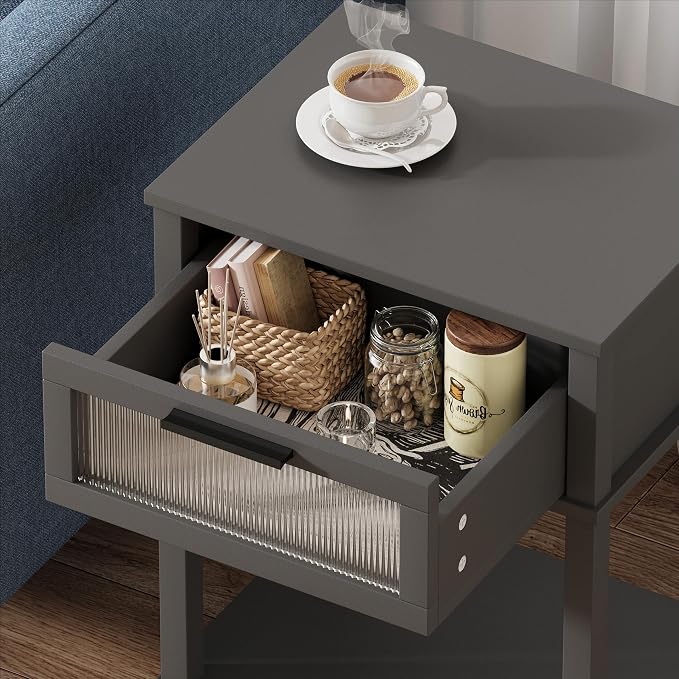 Nightstand Wooden Bedside Table with Drawer Grey Night Stands Modern Style Small End Table Side Table with Storage Shelf for Bedroom Living Room MLBZ10G