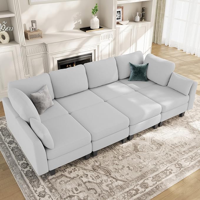 Sectional Sleeper Sofa, 8 Seaters Modular Sleeper Sofa Couch, Comfy Sectionals Couches Bed, Convertible Sofas with Ottomans, Modular Sectional Couches for Living Room, Light Grey