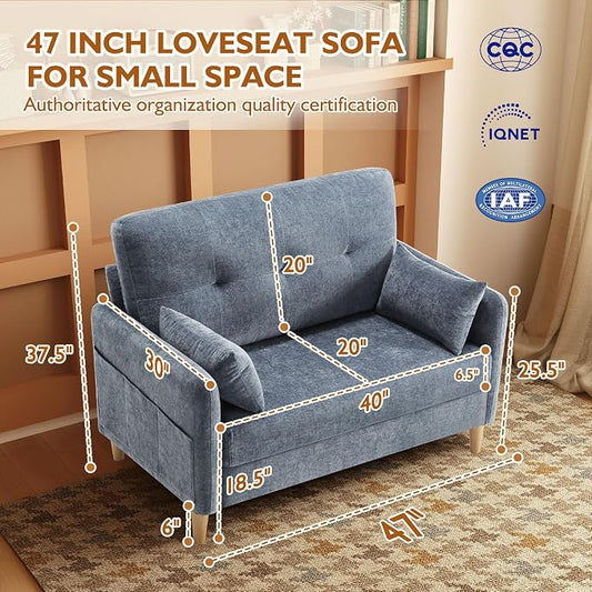 Urhanherry 47" Small Sofa Couch for Bedroom, Soft Chenille loveseat Mini Couch with Throw Pillow and Removable Cushion Cover for Small Spaces, Living Room, Apartment, Dorm, Office(Blue Grey)