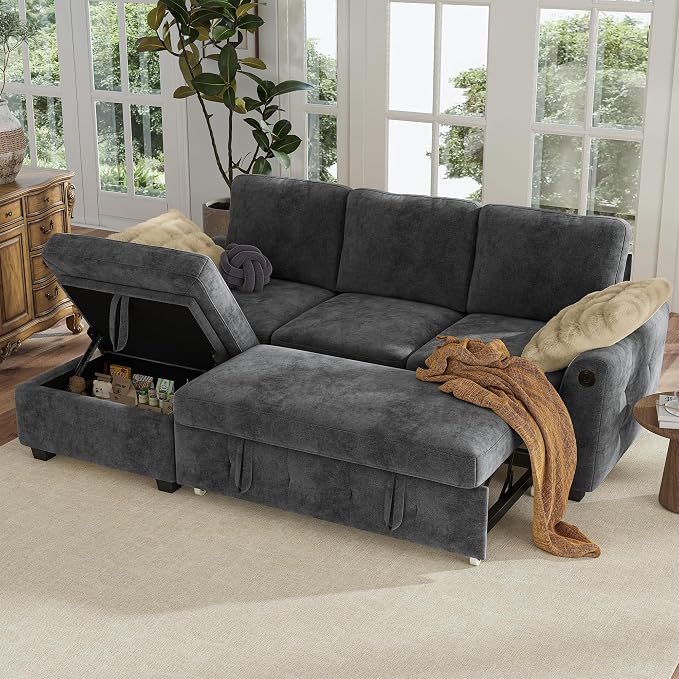 Hanherry 81" Sectional Couch with Pull Out Sofa Bed,Chenille Sleeper Sofa with Storage Ottoman & USB Charging,Comfy L Shaped Modular Couches for Living Room,Apartment