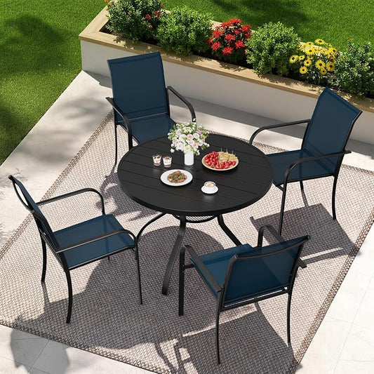 SUNCROWN 5-Piece Outdoor Dining Set, Patio Furniture Set with 4 x Textilene Dinning Chairs and 41" Metal Round Table with Umbrella Hole for Lawn Garden Backyard Deck, Blue