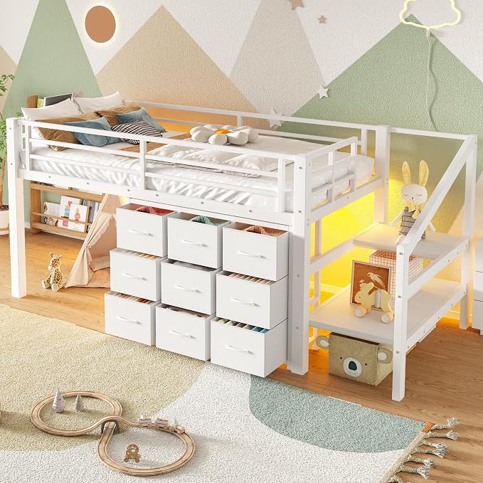 Bellemave Low Loft Bed Twin Size with Storage Stairs and Drawers, Metal Twin Loft Bed for Kids with LED Lights and Shelves, Low Profile Loft Bed Frame for Small Rooms, No Box Spring Needed, White