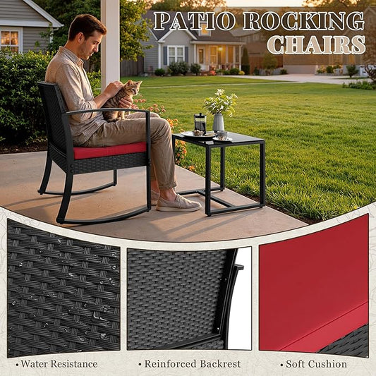 Homall Patio Furniture Set 3 Piece Resin Outdoor Bistro Set Rocking Patio Chairs with Cushions and Table for Porch, Poolside, Balcony and Yard (Red)