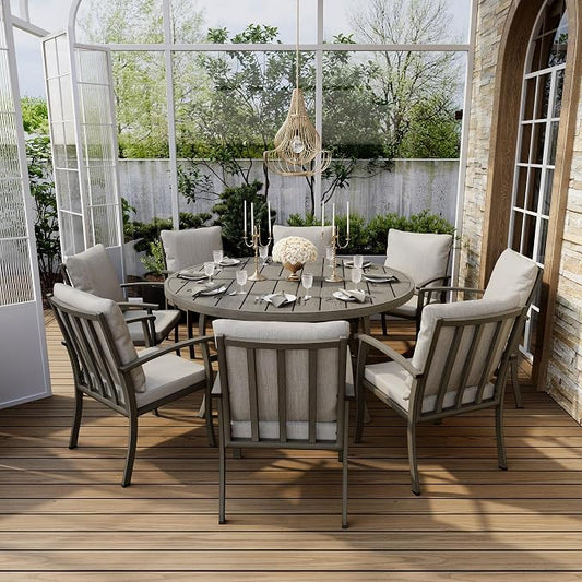 HAPPATIO Patio Dining Set, Aluminum Round Outdoor Dining Set for 8, 61" Round Dining Table with Umbrella Hole and 8 Chairs, Outdoor Table and Chairs with Removable Cushion for Lawn Yard Patio