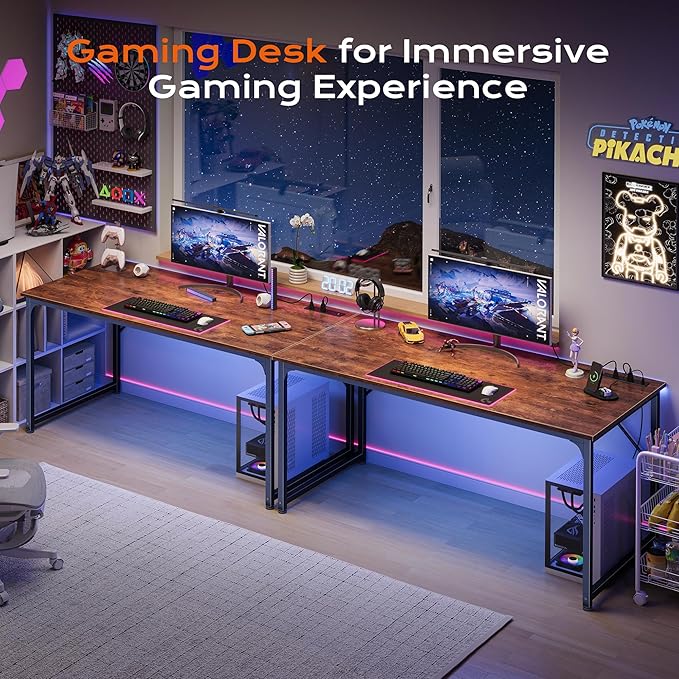 PRAISUN 54 X 24 Inch Deeper Desk with Power Outlets | Large Computer Desk for Bedroom, Office Desk for Work from Home, Writing Study Gaming Table, Stable Metal Frame, Rustic Brown