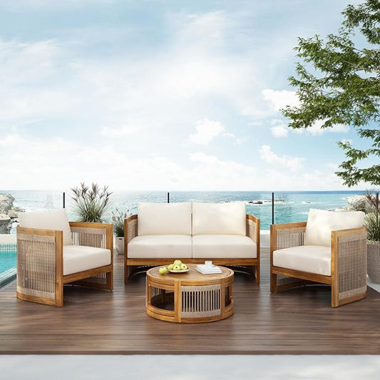 VilroCaz 4-Piece Patio Conversation Set, All Weather Sectional Sofa Set w/ 2 Chairs, Loveseat & Table Premium, Acacia Wood Outdoor Furniture Set with Woven Rope Accents and Cushions (Teak+Beige)